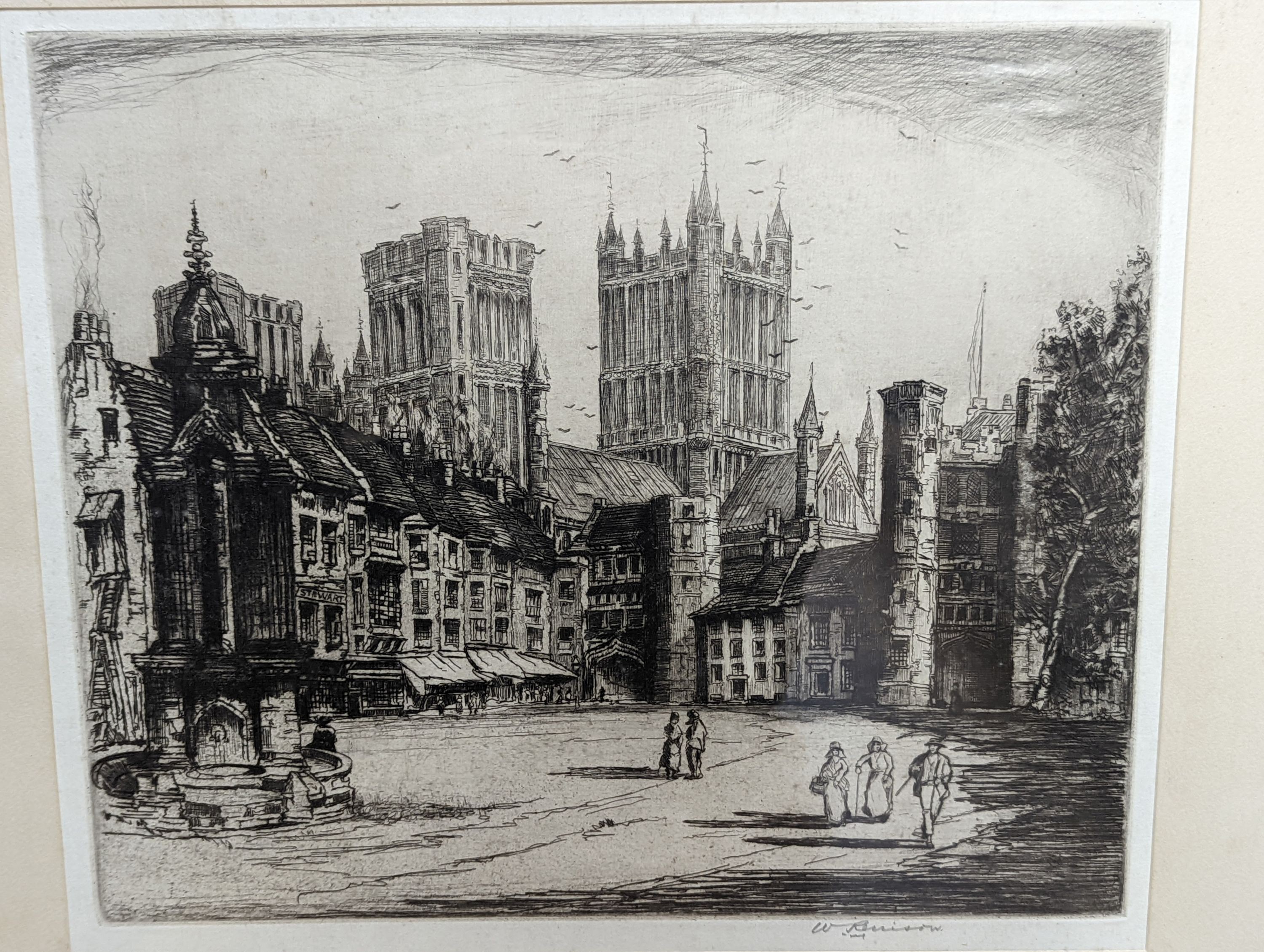 A group of four assorted etchings with Views of Cambridge, Gloucester and other cathedral towns, largest 46 x 31cm